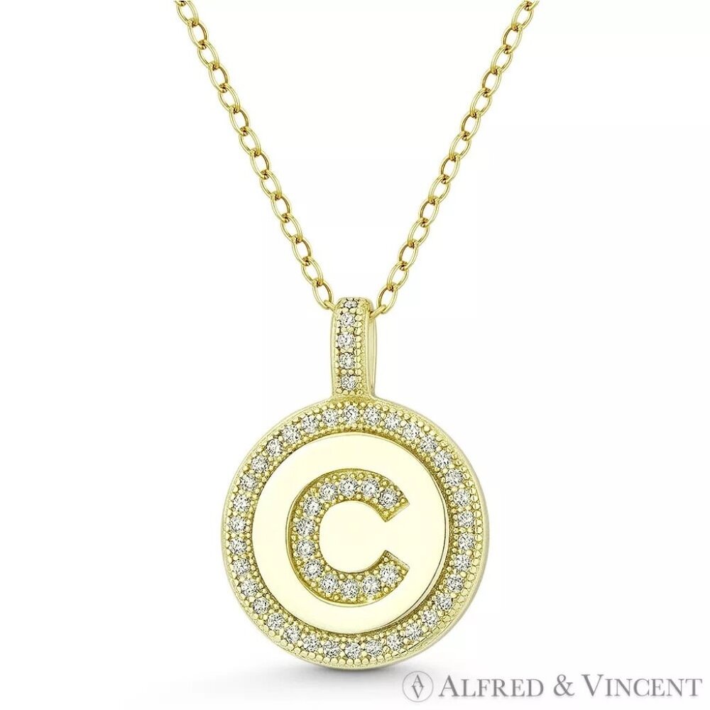 Initial Letter "C" CZ Crystal Pave Pendant in .925 Sterling Silver w/ 14k YG